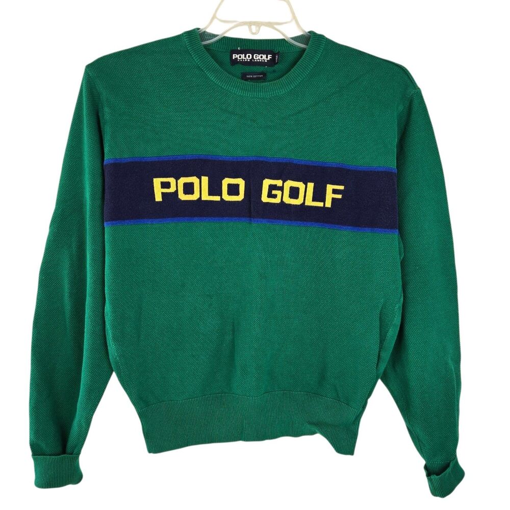 Vintage Ralph Lauren Polo Golf Sweater M Logo Spell Out Green Yellow Crew Neck